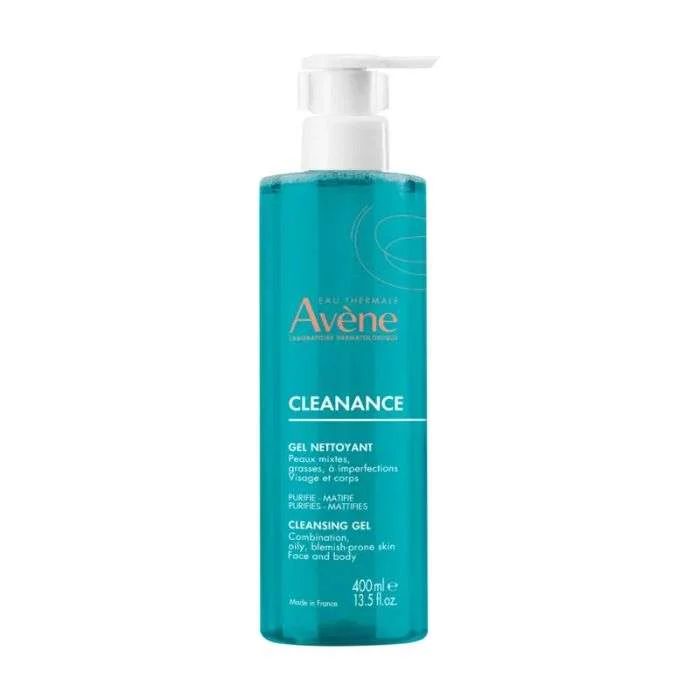 Grand flacon pompe bleu-vert de Avène Cleanance Gel Nettoyant 400ml pour peaux à tendance acnéique.