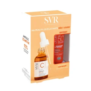Coffret SVR incluant l'Ampoule C Anti-Ox 30ml et la crème-mousse Sun Secure Blur SPF50+ 15ml offerte.
