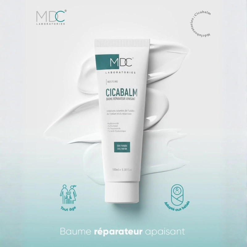 Tube de MDC Cicabalm Baume Réparateur Apaisant 100ml, soin intensif pour peaux irritées et post-interventions.