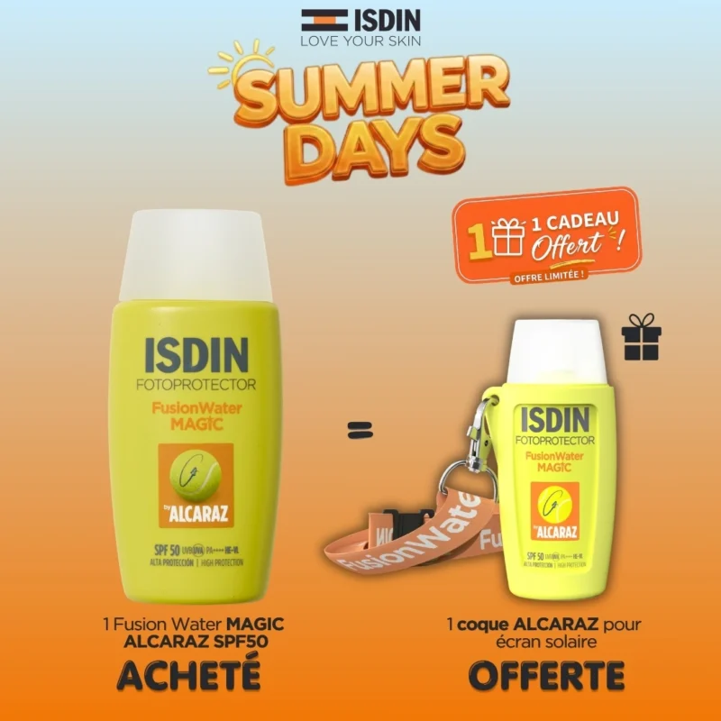 Flacon de protection solaire ISDIN Fusion Water MAGIC by Alcaraz SPF 50, texture ultra-légère et résistante à la transpiration.
