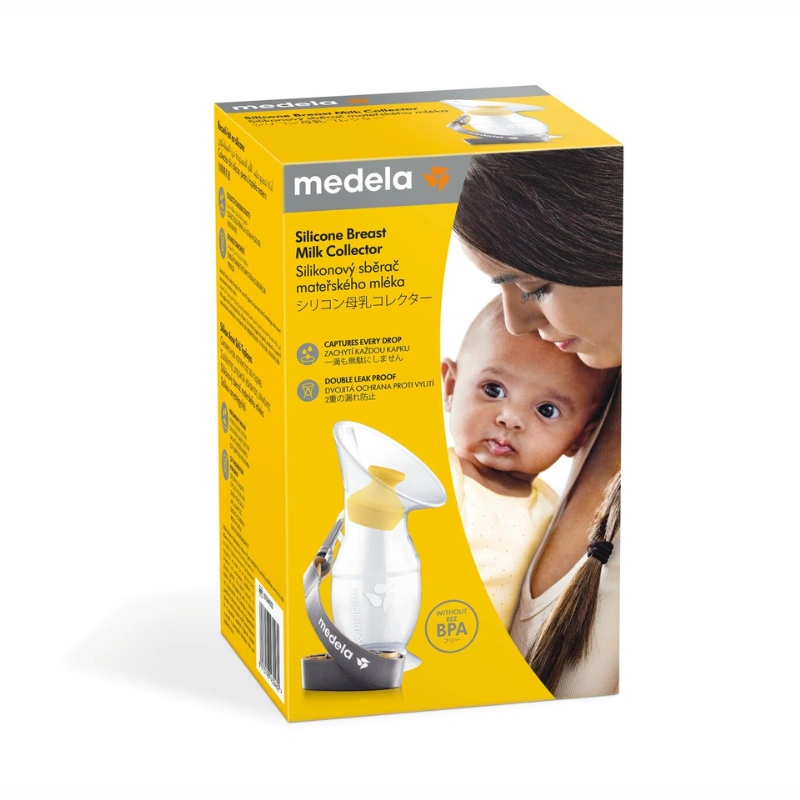 Recueil-lait en silicone Medela avec socle-ventouse, bouchon et cordon de sécurité.