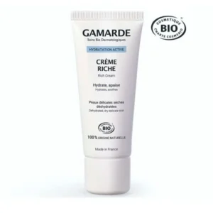 Tube de Gamarde Crème Hydratante Riche 40ml, soin bio à l'acide hyaluronique pour peaux sèches à très sèches.