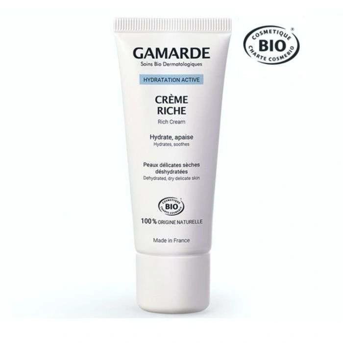 Tube de Gamarde Crème Hydratante Riche 40ml, soin bio à l'acide hyaluronique pour peaux sèches à très sèches.