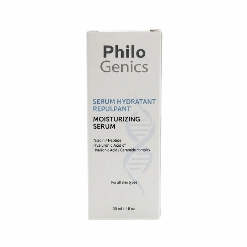 Flacon compte-gouttes Philo Genics Serum Hydratant Repulpant 30ml, soin booster d'éclat pour le visage.
