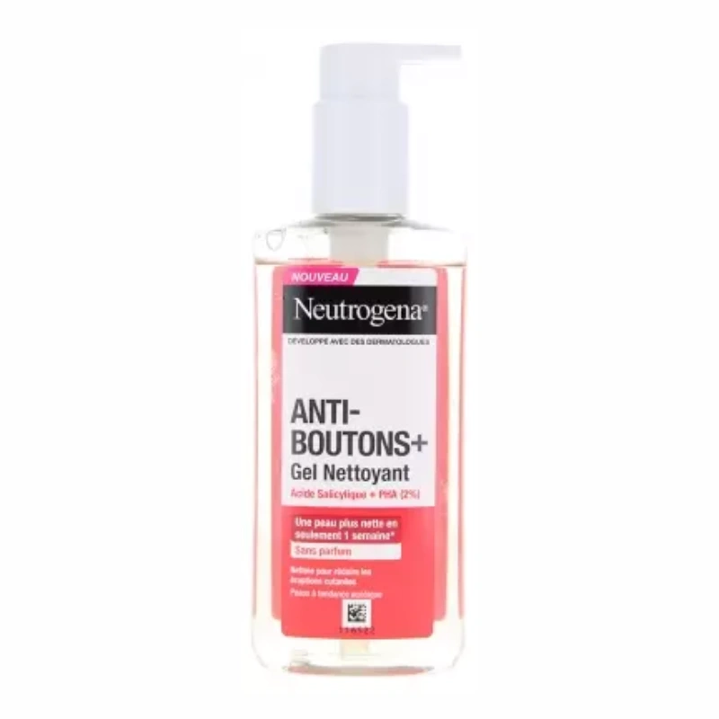 Flacon pompe de Neutrogena Anti-Boutons+ Gel Nettoyant PHA 2% 200ml pour peaux à tendance acnéique.