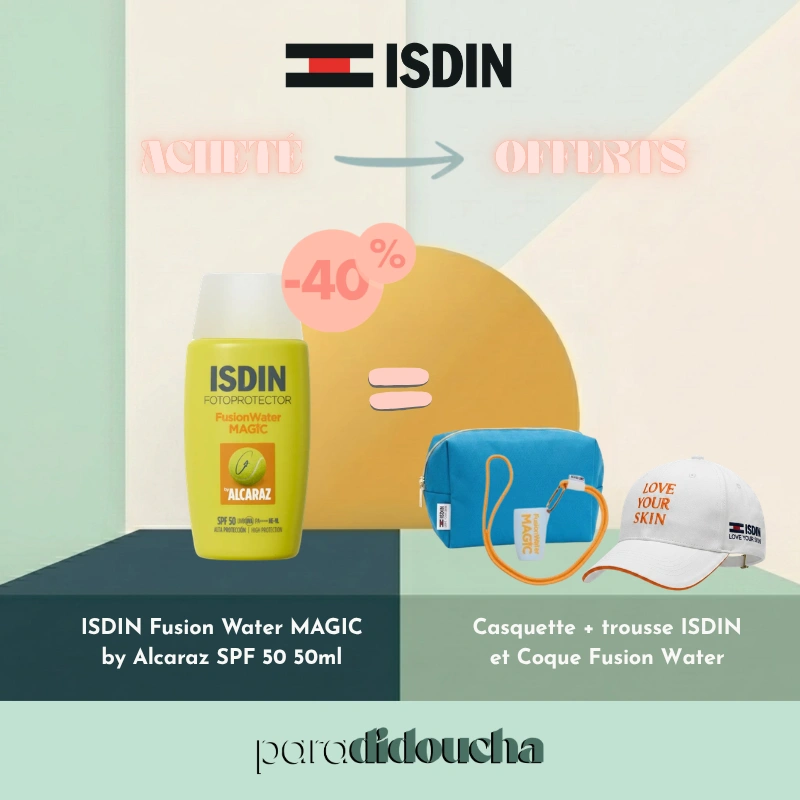 Flacon de protection solaire ISDIN Fusion Water MAGIC by Alcaraz SPF 50, texture ultra-légère et résistante à la transpiration.