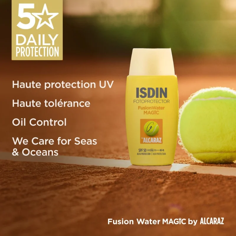 Flacon de protection solaire ISDIN Fusion Water MAGIC by Alcaraz SPF 50, texture ultra-légère et résistante à la transpiration.