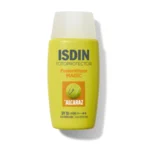 Flacon de protection solaire ISDIN Fusion Water MAGIC by Alcaraz SPF 50, texture ultra-légère et résistante à la transpiration.