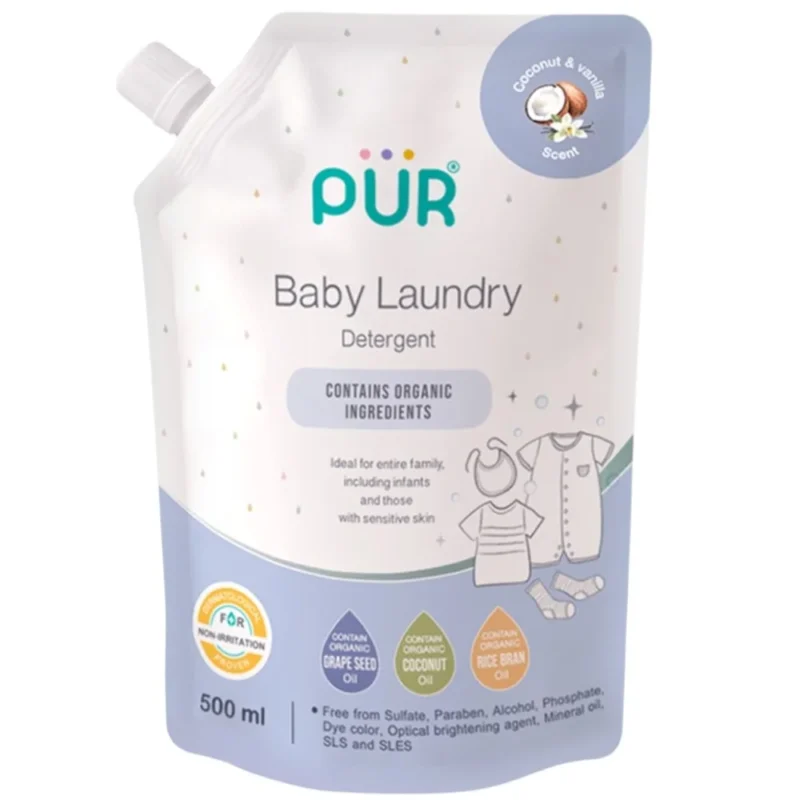 Flacon de Baby Laundry PUR 500ml parfum vanille et noix de coco pour vêtements de bébé.