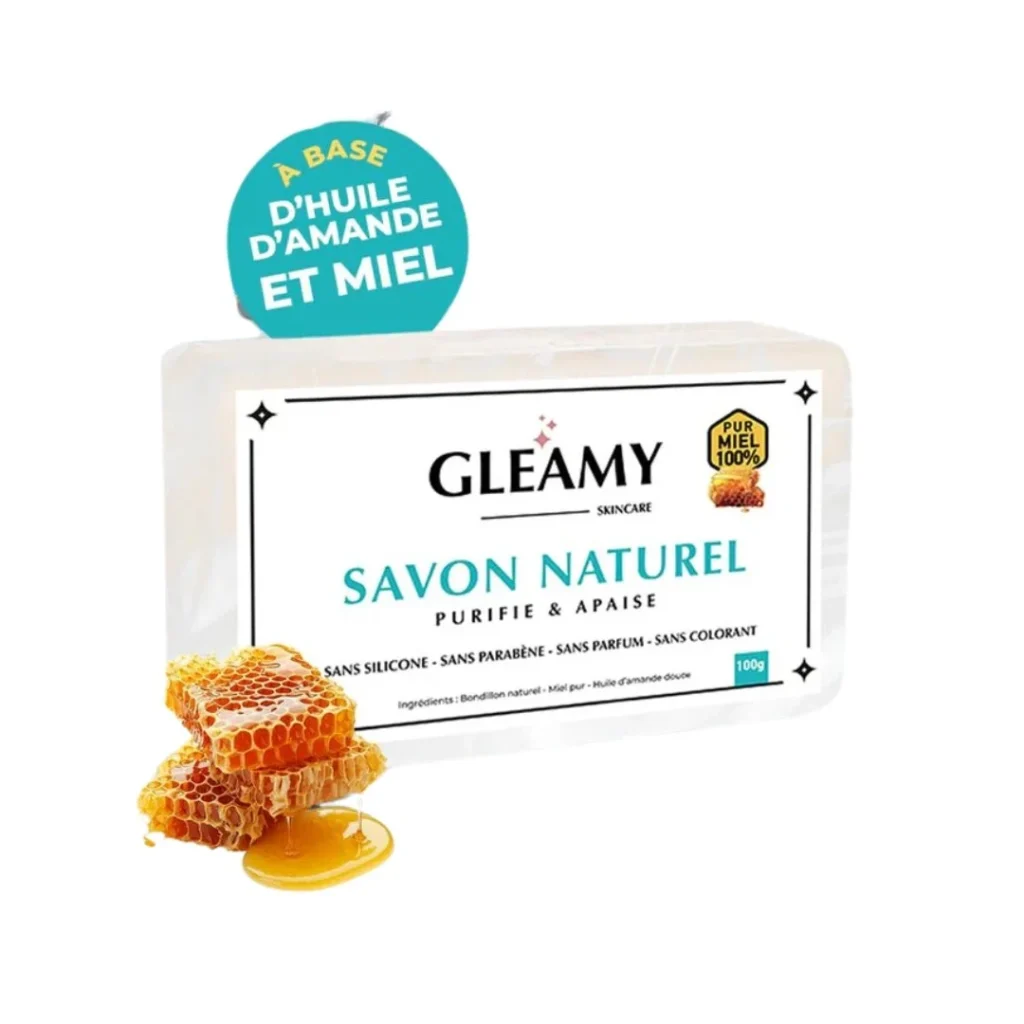 Savon Gleamy naturel de 100g purifiant et apaisant au miel pur et à l'huile d'amande douce.