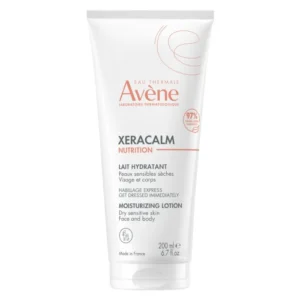 Flacon pompe de soin corporel Avène XeraCalm Nutrition Lait Hydratant 200ml pour peaux sèches et sensibles.