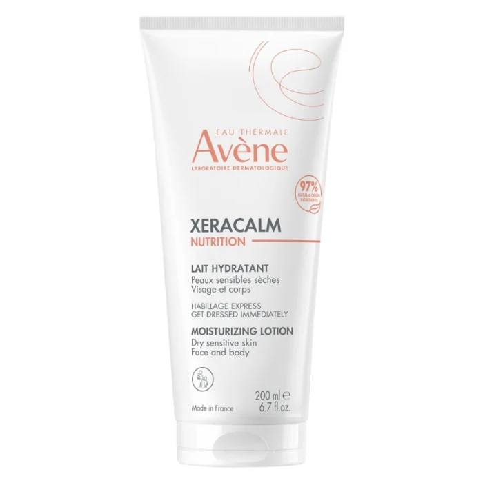 Flacon pompe de soin corporel Avène XeraCalm Nutrition Lait Hydratant 200ml pour peaux sèches et sensibles.