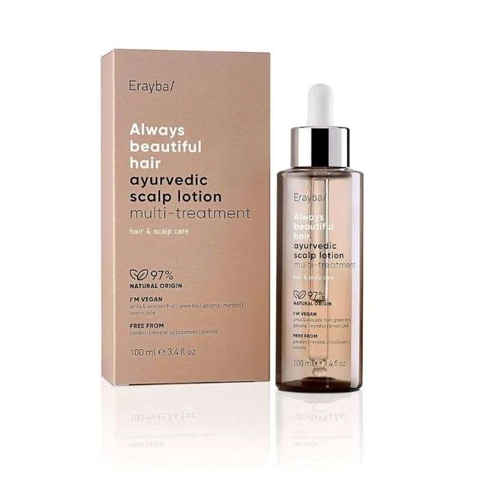Flacon de l'Erayba Always Beautiful Hair Ayurvedic Scalp Lotion 100 ml pour la croissance, l'action anti-pelliculaire et le soin du cuir chevelu