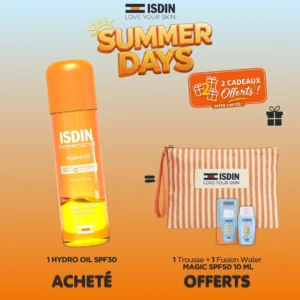 Offre ISDIN de l'été comprenant la lotion biphasée activatrice de bronzage Hydro Oil SPF30 et sa trousse cadeau offerte.