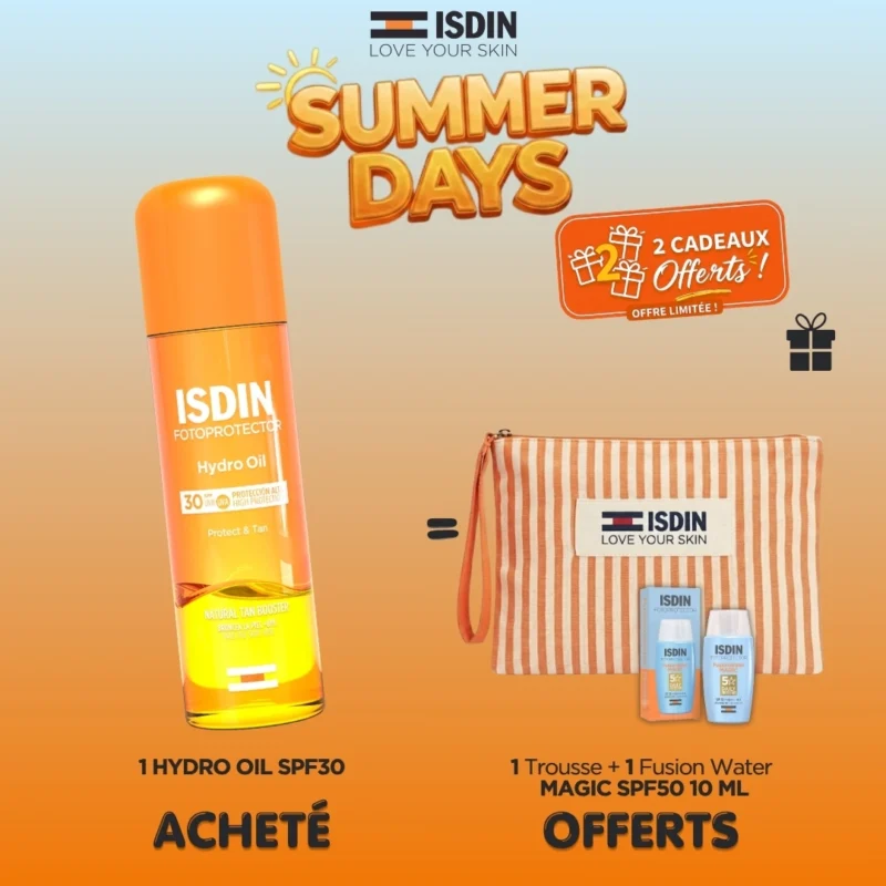 Offre ISDIN de l'été comprenant la lotion biphasée activatrice de bronzage Hydro Oil SPF30 et sa trousse cadeau offerte.