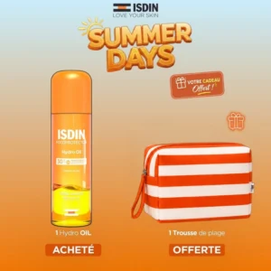 Offre ISDIN de l'été comprenant la lotion biphasée activatrice de bronzage Hydro Oil SPF30 et sa trousse cadeau offerte.