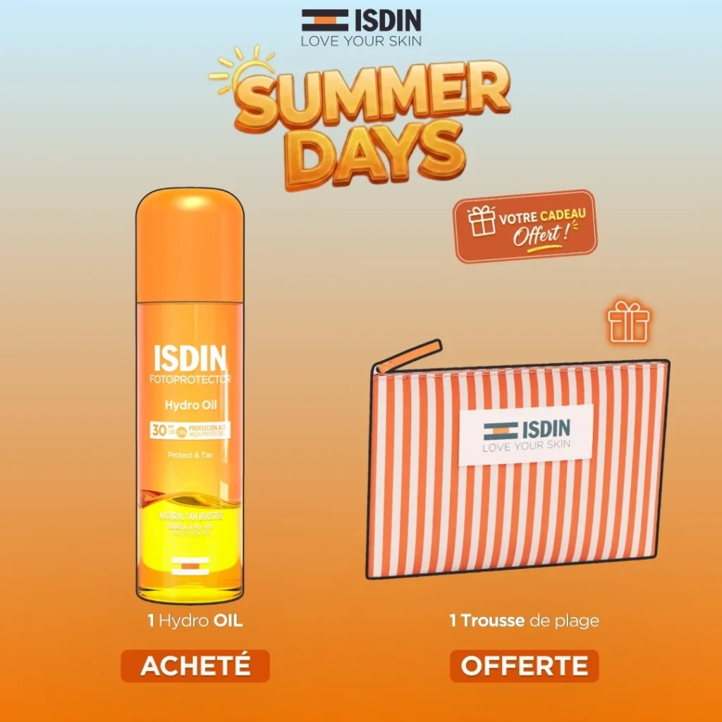 Offre ISDIN de l'été comprenant la lotion biphasée activatrice de bronzage Hydro Oil SPF30 et sa trousse cadeau offerte.