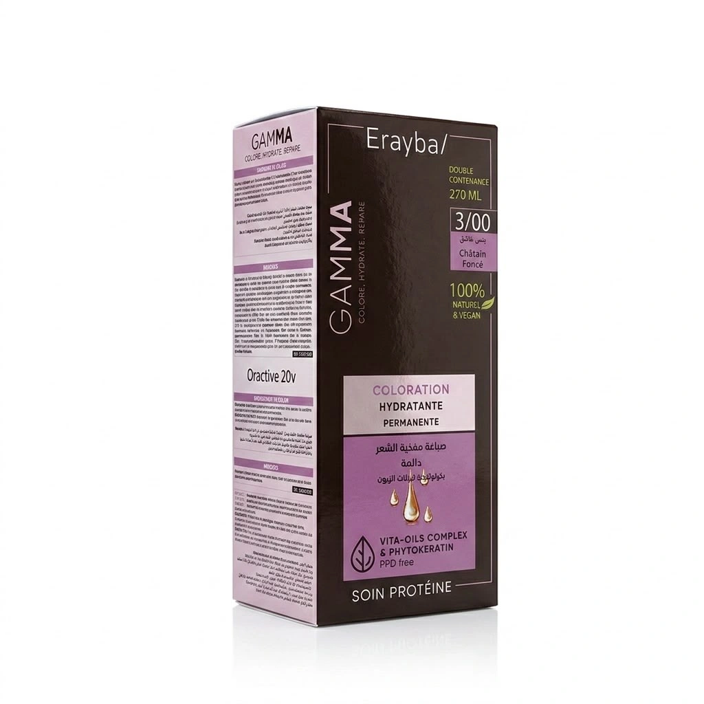 Packaging de la coloration permanente Erayba Gamma Next 3/00 Châtain Foncé Naturel pour une couverture parfaite des cheveux blancs