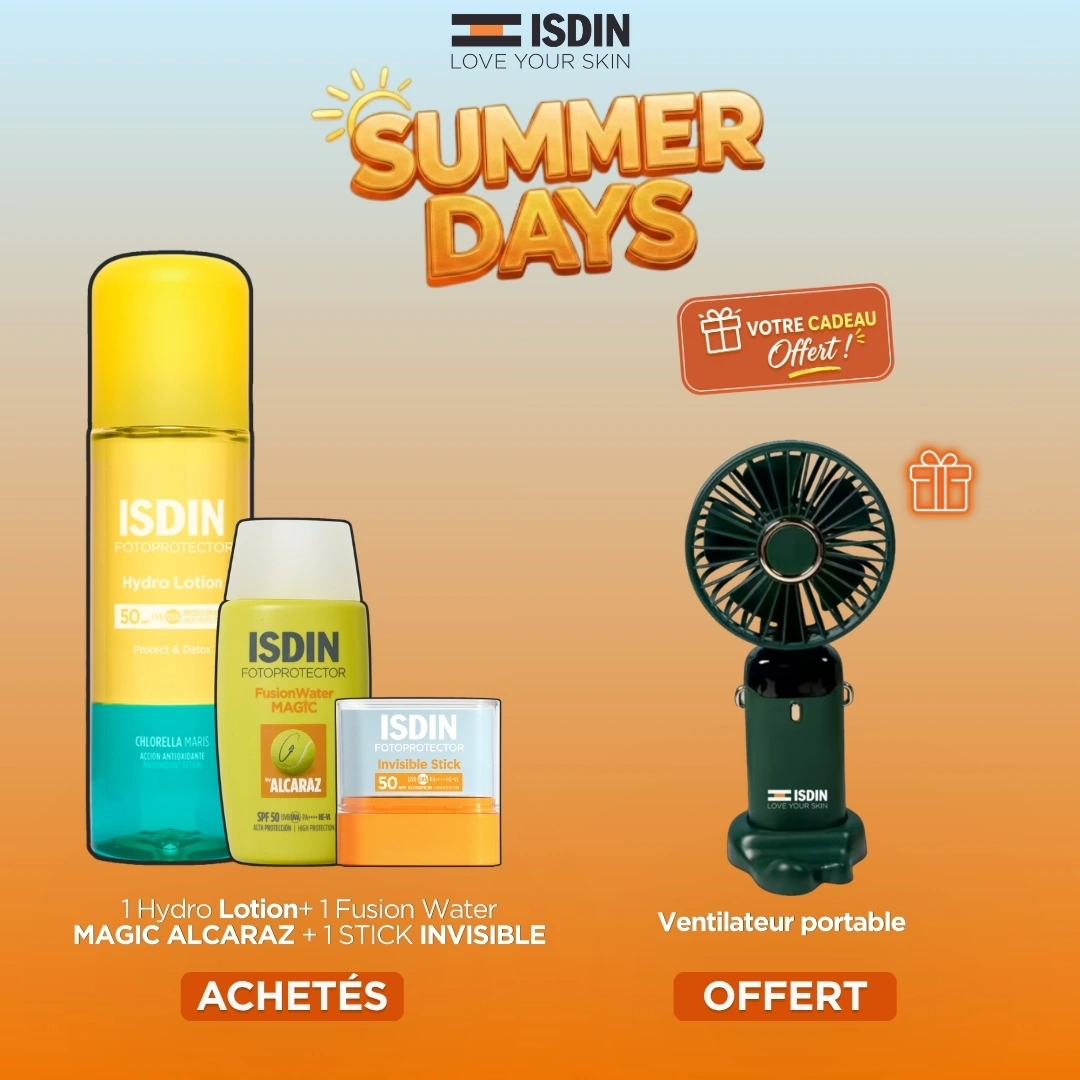 Offre ISDIN Sport comprenant l'Hydro Lotion corps, l'écran visage Carlos Alcaraz, le stick zones sensibles et un mini ventilateur offert.