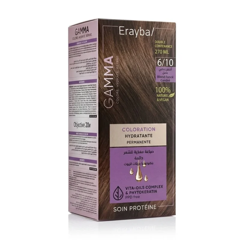 Packaging de la coloration permanente Erayba Gamma Next 6/10 Blond Foncé Cendré pour une couverture parfaite des cheveux blancs
