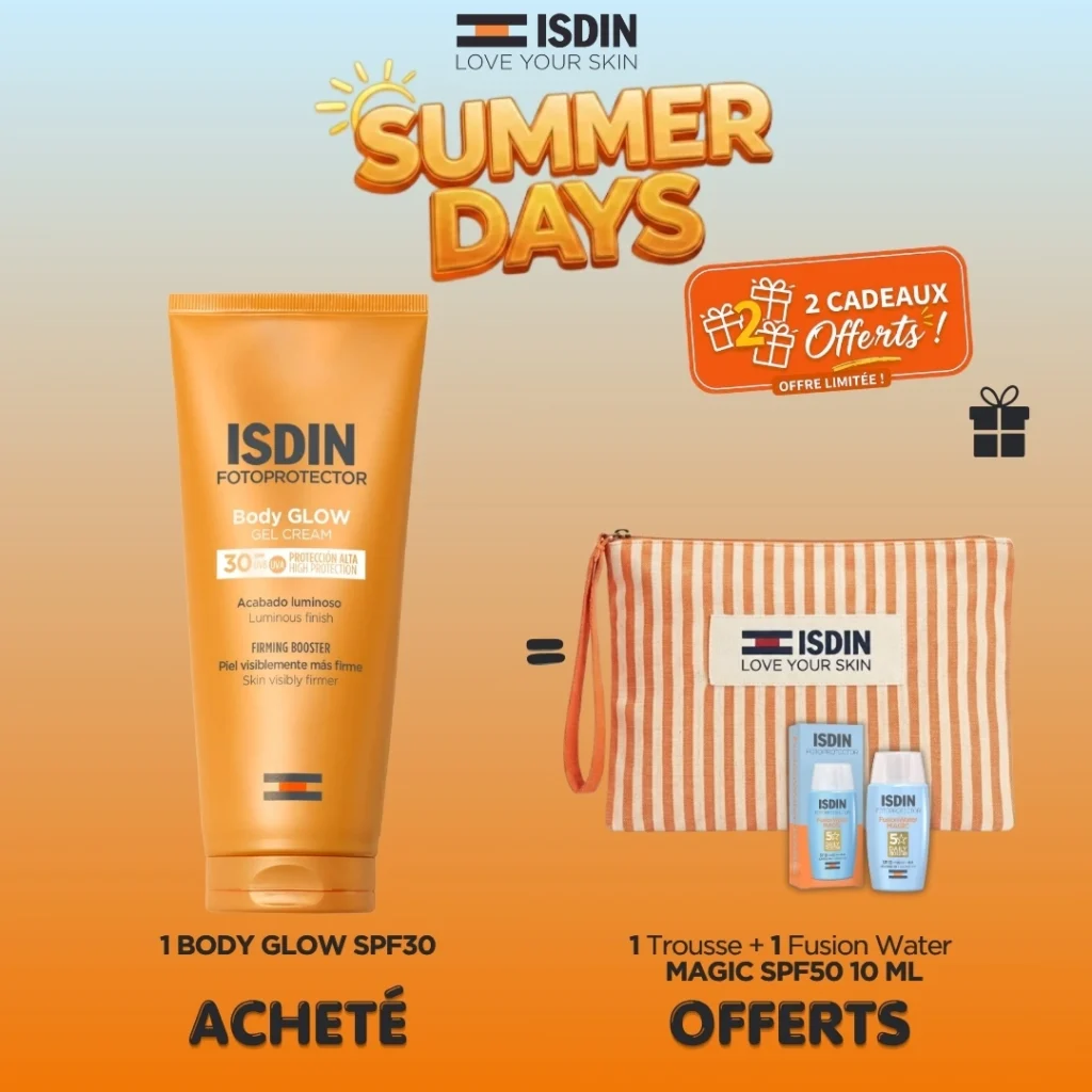 Flacon de lait solaire corps ISDIN Body Glow SPF 30 de 200ml, offrant haute protection, fermeté et éclat lumineux.
