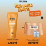 Flacon de lait solaire corps ISDIN Body Glow SPF 30 de 200ml, offrant haute protection, fermeté et éclat lumineux.