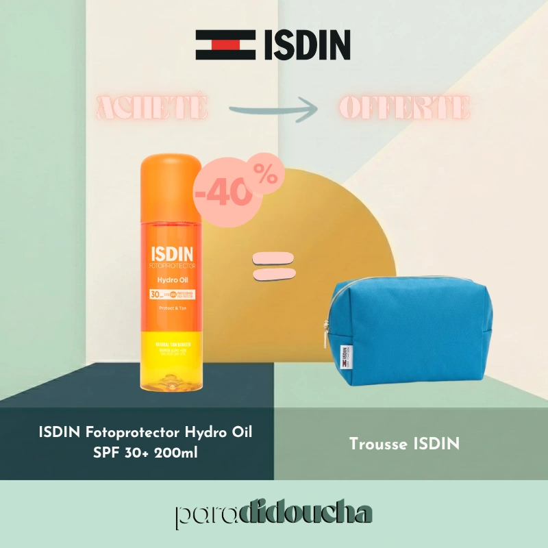 Flacon de lotion solaire biphasée ISDIN Hydro Oil SPF30 de 200ml pour le corps, activatrice de bronzage naturel.