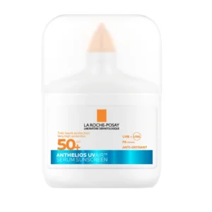 Flacon de sérum solaire haute protection La Roche-Posay Anthelios UVAIR SPF50+ de 50ml à texture légère et invisible.