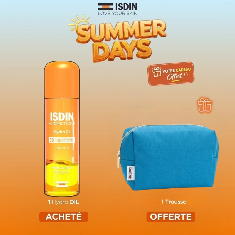 Offre ISDIN de l'été comprenant la lotion biphasée activatrice de bronzage Hydro Oil SPF30 et sa trousse cadeau offerte.