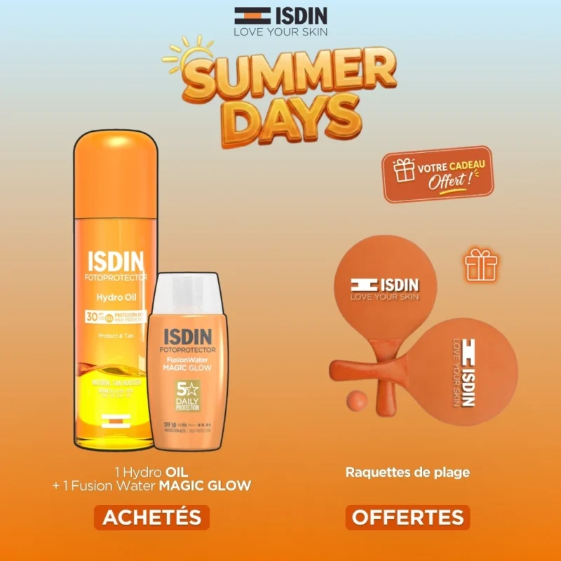 offre-isdin-hydro-oil-fusion-water-magic-glow-raquettes Offre estivale ISDIN comprenant l'Hydro Oil corps, le fluide visage Fusion Water Magic Glow et un kit de raquettes de plage offert.