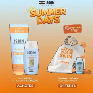 Offre promotionnelle ISDIN comprenant le fluide visage Fusion Water Magic, le Transparent Spray corps, avec un tote bag et une coque offerts.