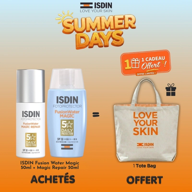 Pack exclusif ISDIN Fusion Water Magic et Magic Repair 50ml avec un Tote bag en toile offert.