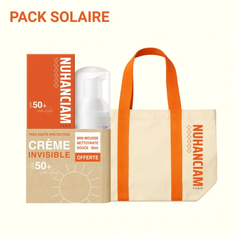 Pack Nuhanciam SPF 50+ contenant la crème solaire invisible, une mini-mousse nettoyante douce de 50ml et un sac offerts.