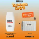 Flacon de crème solaire ISDIN Redness FotoUltra SPF50 de 50ml pour peaux sensibles sujettes aux rougeurs.