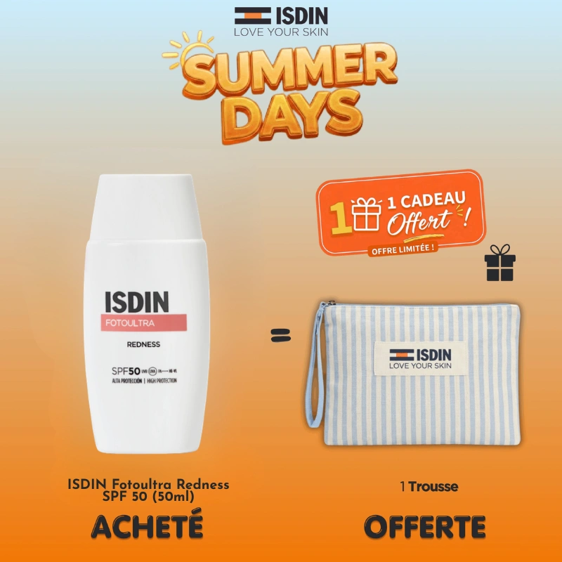 Flacon de crème solaire ISDIN Redness FotoUltra SPF50 de 50ml pour peaux sensibles sujettes aux rougeurs.
