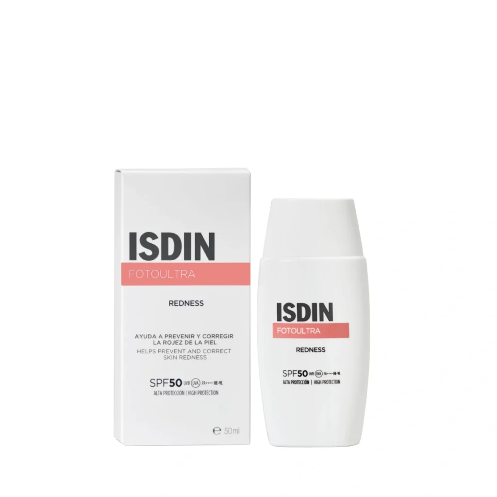 Flacon de crème solaire ISDIN Redness FotoUltra SPF50 de 50ml pour peaux sensibles sujettes aux rougeurs.