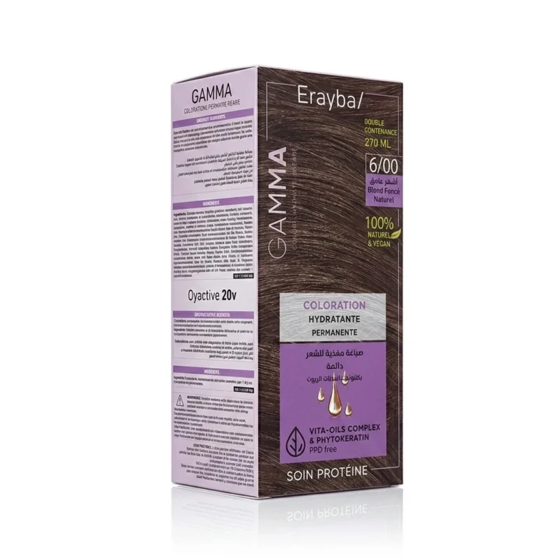 Packaging de la coloration permanente Erayba Gamma Next 6/00 Blond Fonce Naturel pour une couverture parfaite des cheveux blancs