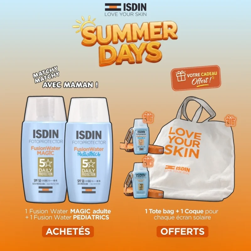 offre-isdin-fusion-water-magic-pediatrics-tote-bag Offre ISDIN Famille comprenant la crème solaire Fusion Water Magic, le fluide enfants Pediatrics, avec un tote bag et deux coques offerts.