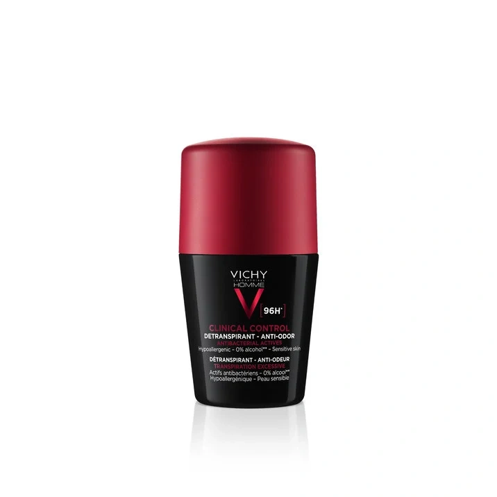 Déodorant bille roll-on Vichy Homme Clinical Control 96h, protection anti-transpirante extrême.