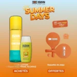 Offre ISDIN de l'été comprenant l'Hydro Lotion SPF50, la crème solaire visage Carlos Alcaraz et les raquettes de plage offertes.