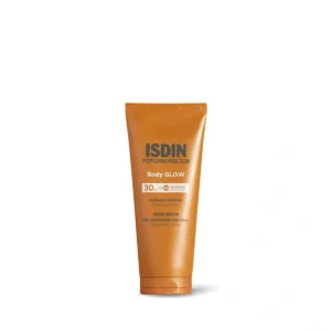Flacon de lait solaire corps ISDIN Body Glow SPF 30 de 200ml, offrant haute protection, fermeté et éclat lumineux.