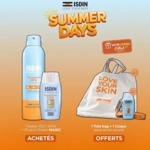 Offre promotionnel ISDIN comprenant le fluide visage Fusion Water Magic, le Transparent Spray corps, avec un tote bag et une coque offerts.