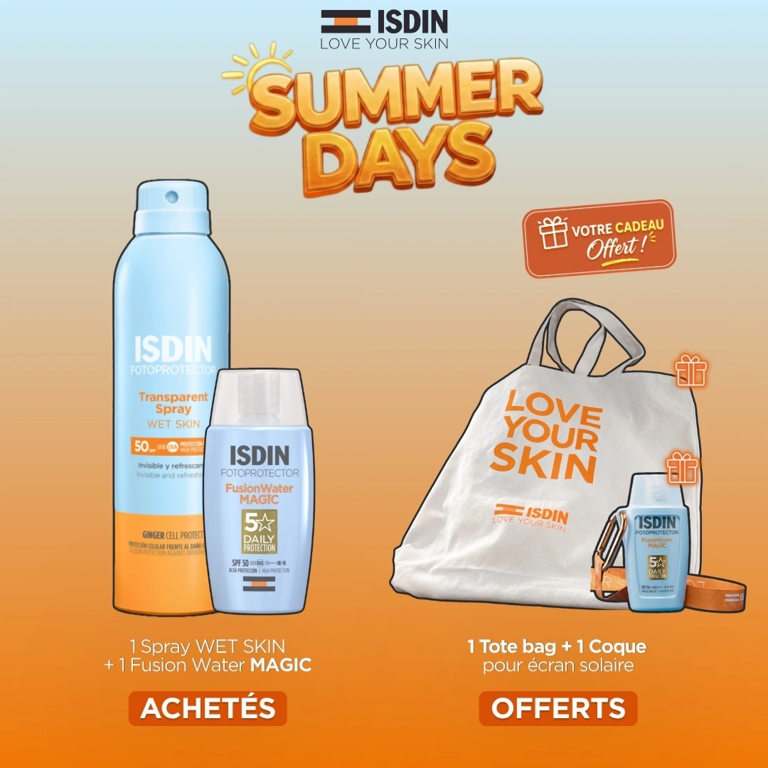 Offre promotionnel ISDIN comprenant le fluide visage Fusion Water Magic, le Transparent Spray corps, avec un tote bag et une coque offerts.