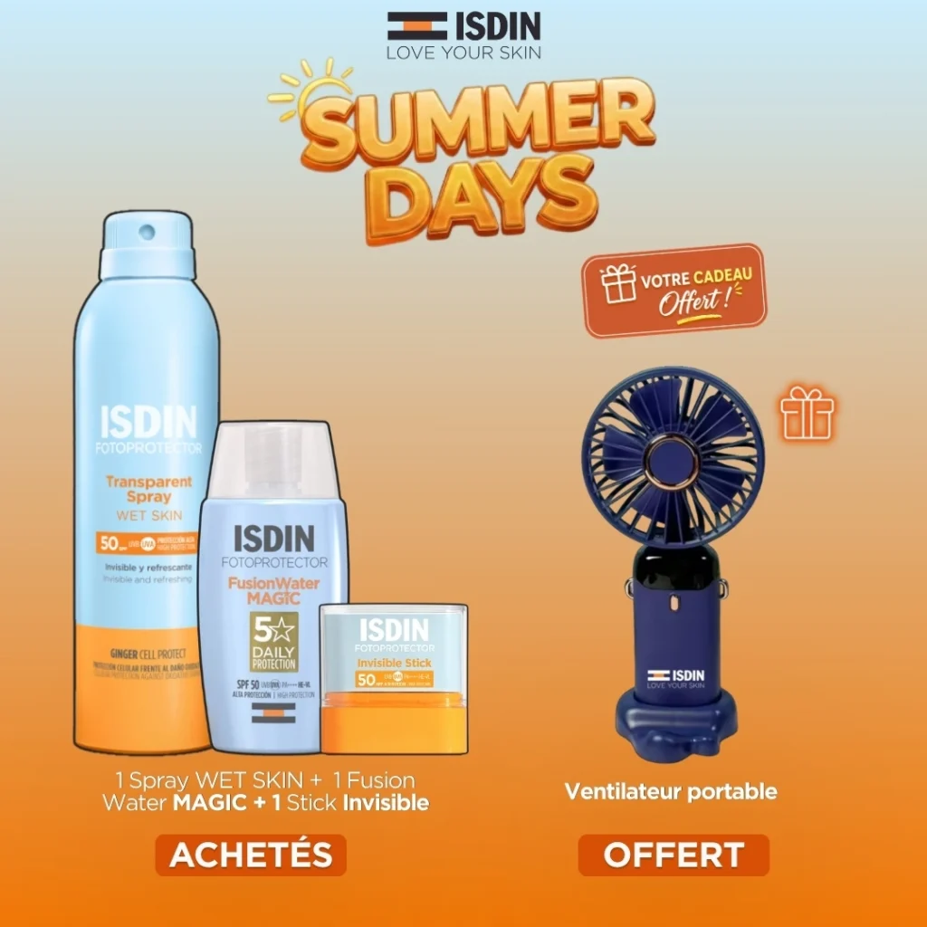 Offre ISDIN Trio Solaire comprenant le spray corps, la crème visage, le stick zones sensibles et un mini ventilateur offert.