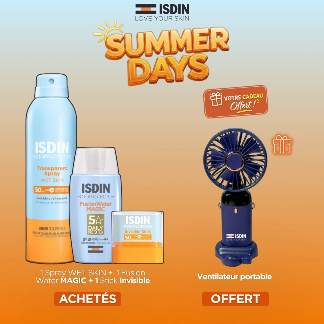 Offre ISDIN Trio Solaire comprenant le spray corps, la crème visage, le stick zones sensibles et un mini ventilateur offert.