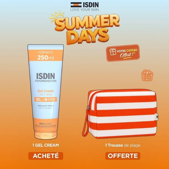 Offre ISDIN comprenant le flacon grand format Gel-Crème Solaire Wet Skin 250ml et sa trousse cadeau offerte.