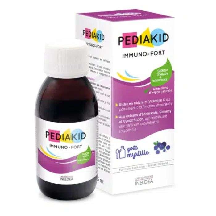 Flacon de Pediakid Immuno Fort Gout de Myrtille Sirop 125 ml pour renforcer les défenses naturelles des enfants