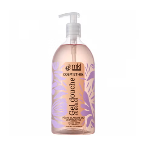 Flacon pompe de mkl gel douche surgras peche blanche bio 1l pour l'hygiène, la douceur et l'hydratation fruitée de toute la famille.