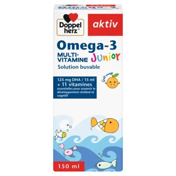 Flacon de sirop Doppelherz aktiv Omega-3 Junior Multi-Vitamine de 150ml goût orange pour enfants.