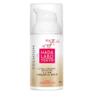 Flacon de Hada Labo Ultra Firming Booster 7xHA Cream-in-Milk pour une hydratation intense et un effet tenseur.